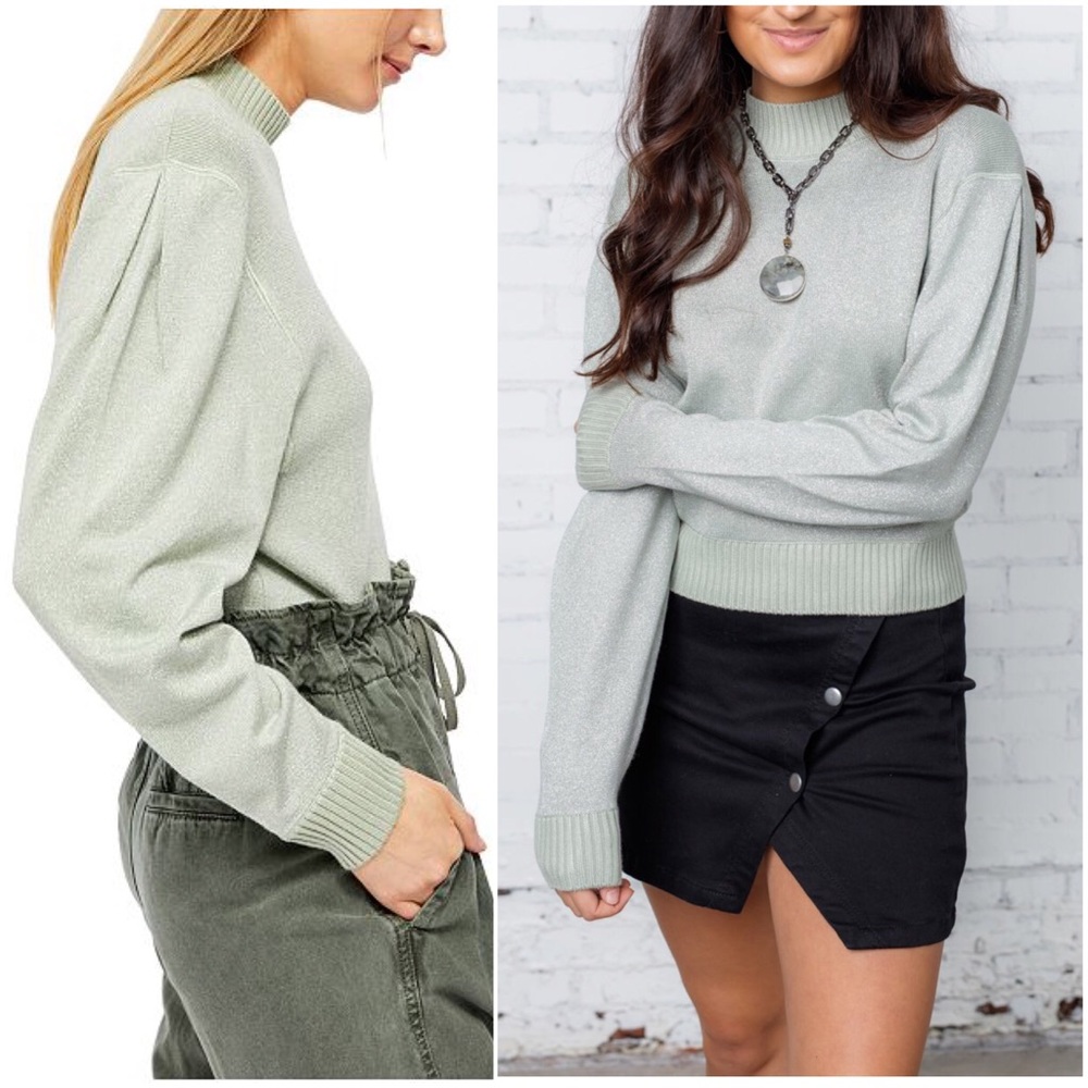 FREE PEOPLE Starry Night Sweatshirt Metallic Mint Green Knit Mock Neck Small New - Picture 6 of 6